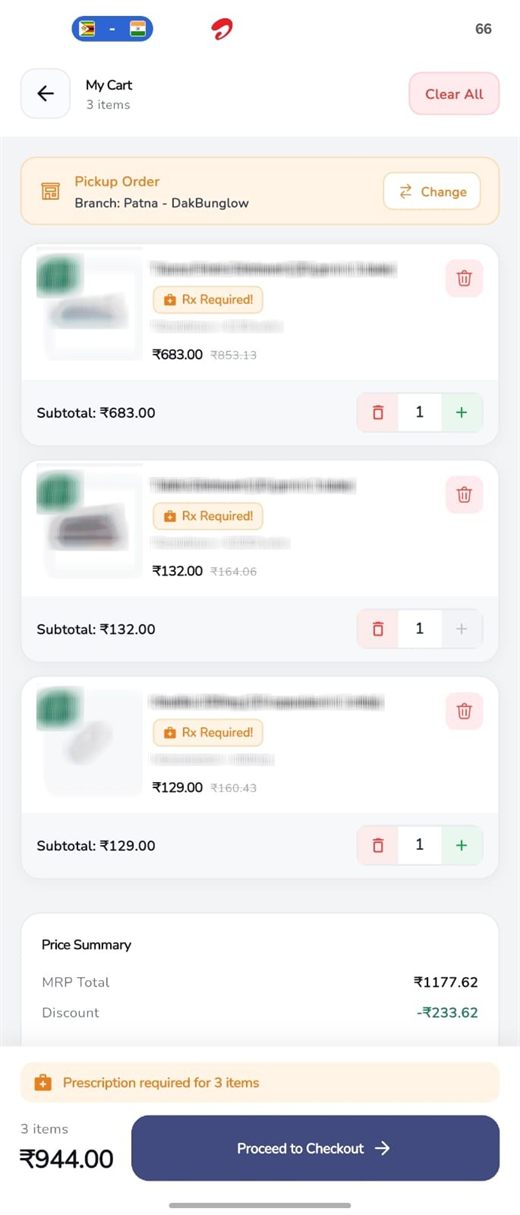 Chemist Box app basket showing prescription-required flags and an itemised price summary