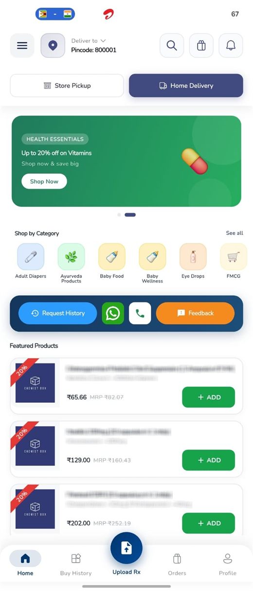 Chemist Box app home screen showing store pickup and home delivery options with product categories