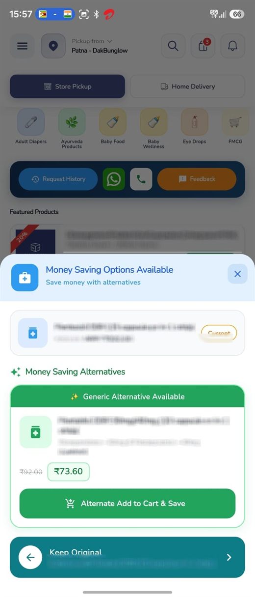 Chemist Box app suggesting a lower-priced generic alternative to a branded medicine