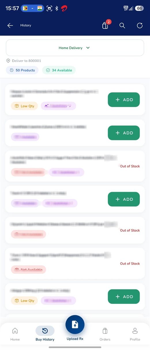 Chemist Box app showing live stock status — available, low quantity and out of stock — for previously bought items